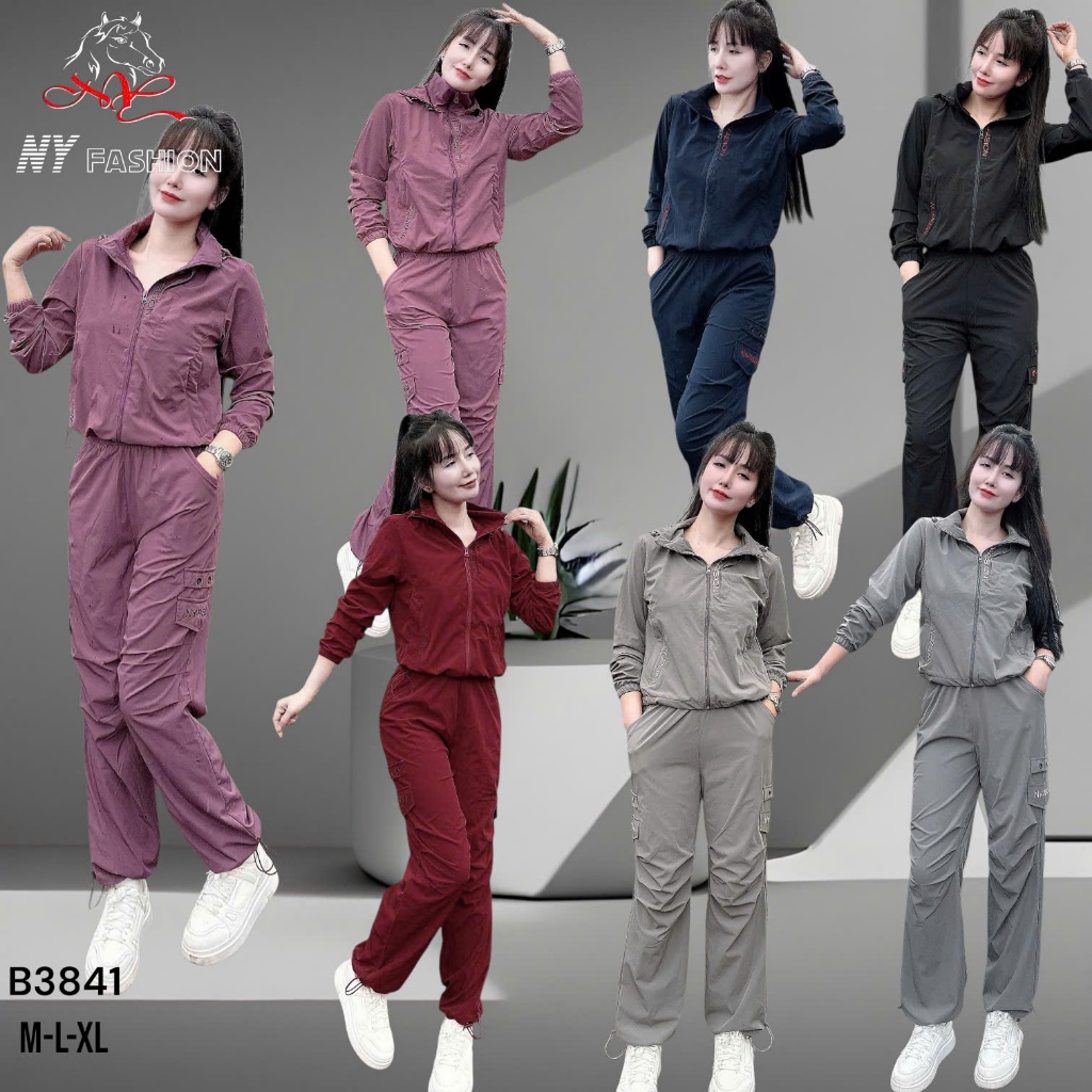 NY3841 - Set bộ gió nữ, Bộ gió khóa 2 lớp cổ bẻ thêu chữ quần ống xuông