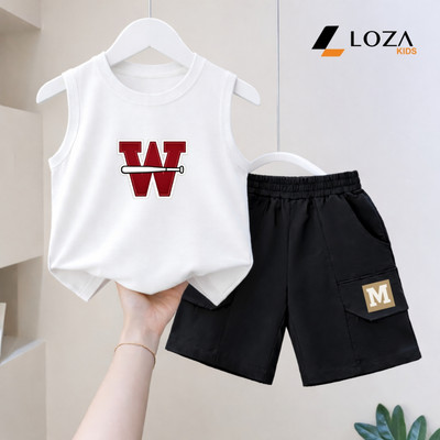 Bộ ba lỗ bé trai chữ M, quần áo sát nách size từ 15-40kg chất liệu thun cotton Loza Kids BS585