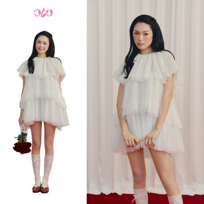 Đầm babydoll OLV xếp tầng dễ thương White Chiffon Bowy Layered Mini Dress phù hợp đi tiệc đi chơi