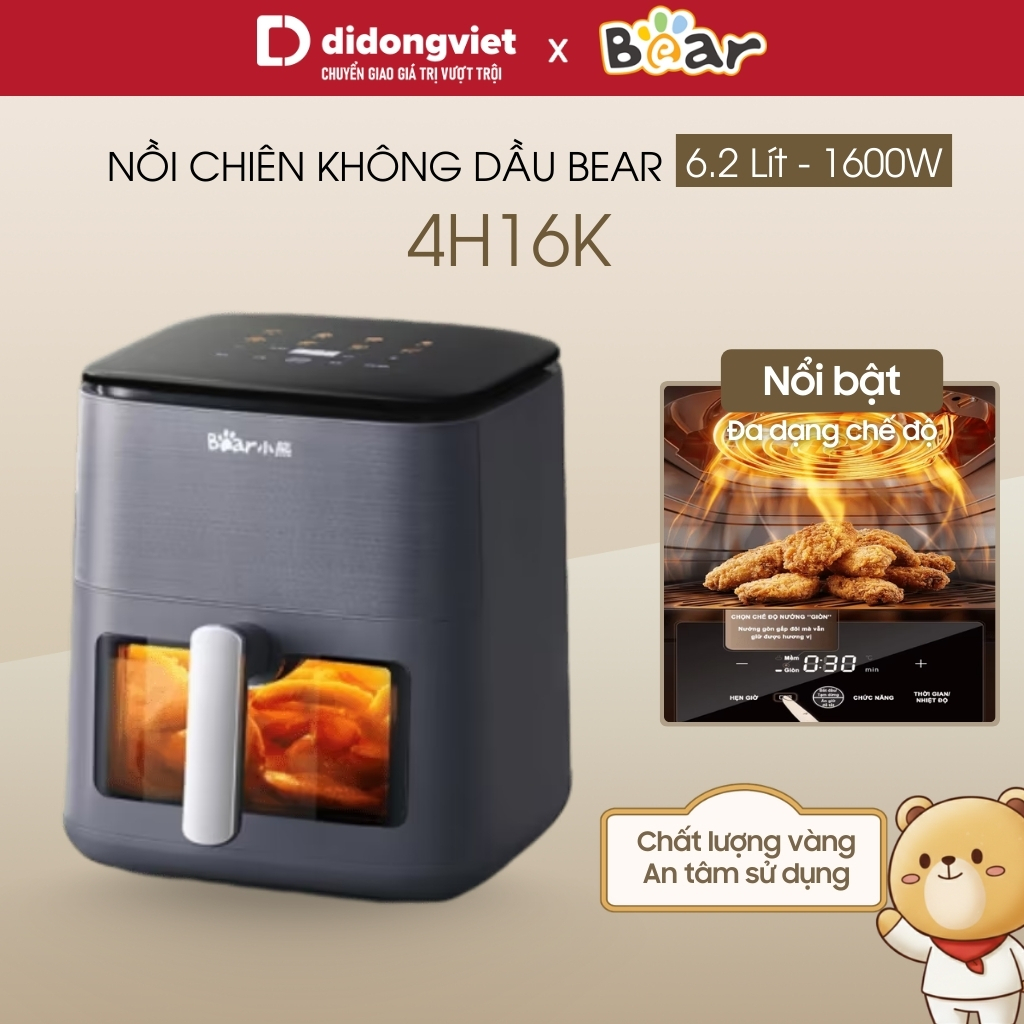 Nồi chiên không dầu 6,2L Bear QZG-H16R3 (AF-4H16K) | 1600W - Thiết kế 4D - mềm & giòn - Bảo hành 18 