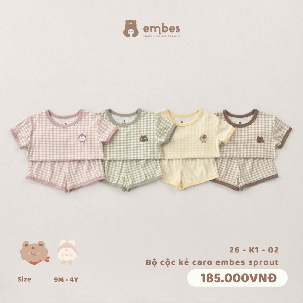 Bộ cộc tay kẻ caro Embes Sprout thêu gấu cho bé trai bé gái. Bộ cộc mùa hè BEO.Kids
