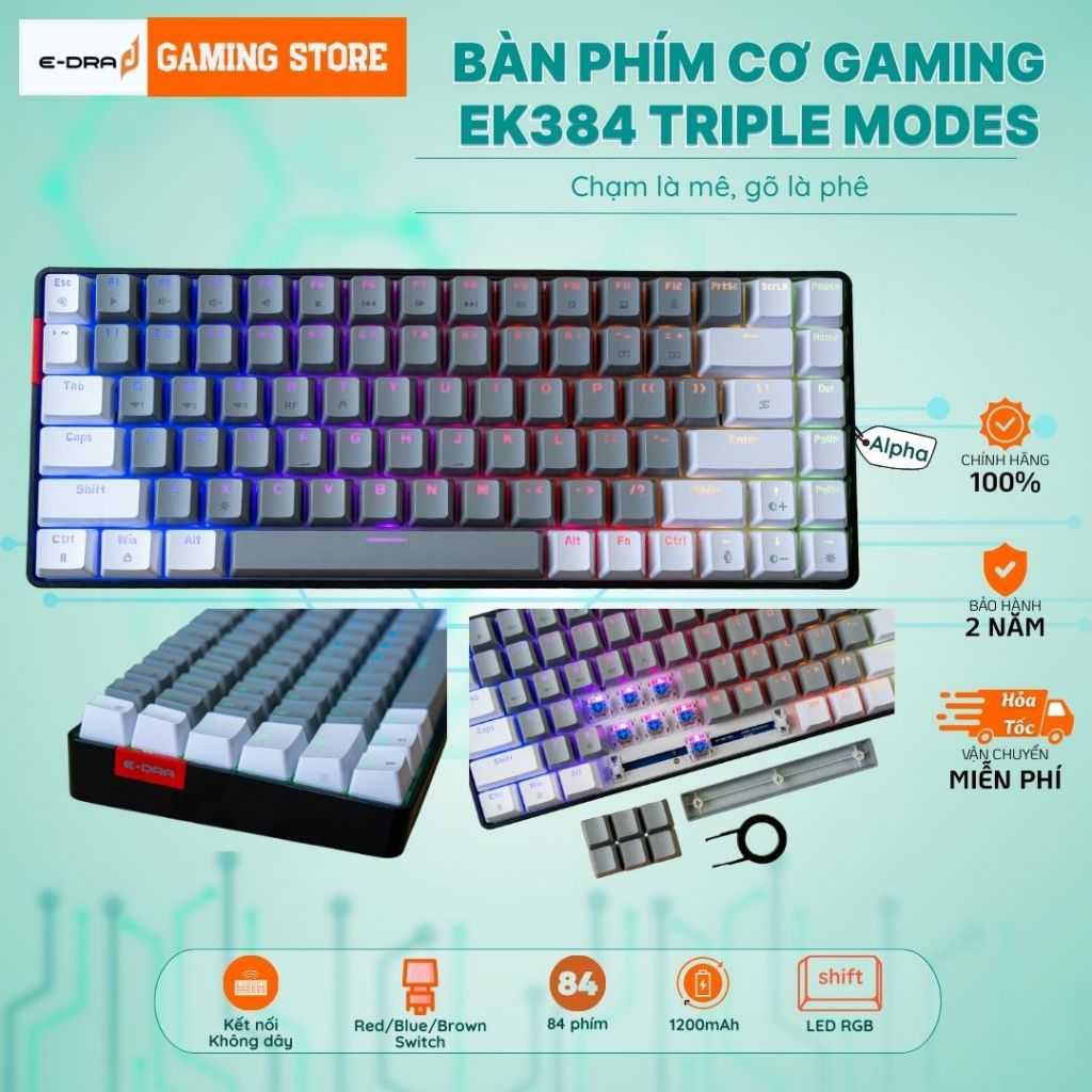 Bàn Phím Cơ Không Dây E-DRA EK384 Gaming 3 MODE, EK375V2 LED RGB BH Chính Hãng