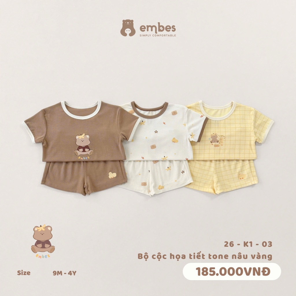 Bộ cộc tay Embes hoạ tiết nâu vàng chất thun cotton cho bé trai bé gái. Bộ cộc mùa hè BEO.Kids