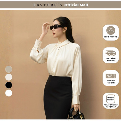 BBSTORE'S Áo Kiểu Công Sở Lụa Tô Châu Cổ Tròn Xẻ V Tay Dài Nhún Vải Ở Vai - AAB22T