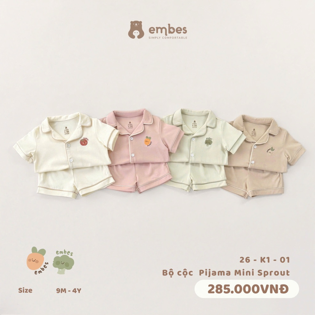 Bộ cộc tay Pijama Embes Mini Sprout cho bé trai bé gái. Đồ bộ pijama mẫu hè mới cho bé BEO.Kids