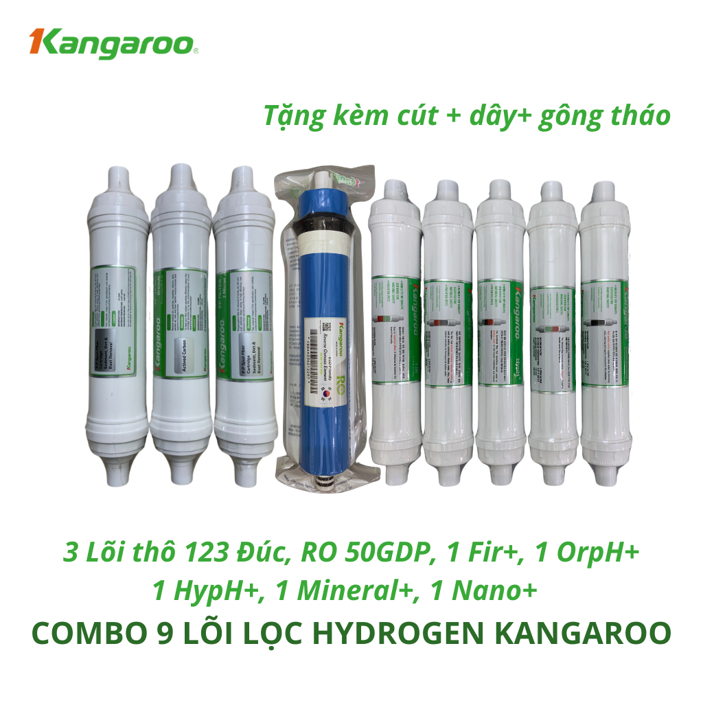 Combo 9 Lõi Lọc Nước KANGAROO Dòng Hydrogen Model KG100HI,KGHP66 Gồm 123 HK Màng RO Fir OrpH HypH MI
