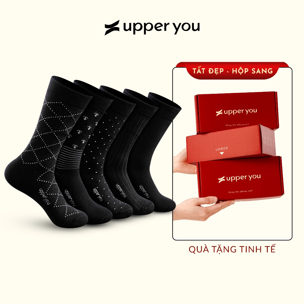[Combo 5 Đôi] Tất Vớ Đen Công Sở Cổ Cao Họa Tiết UPPER YOU Cotton Tự Nhiên Dày Dặn Êm Ái Thoáng Khí Khử Mùi - BSM4000