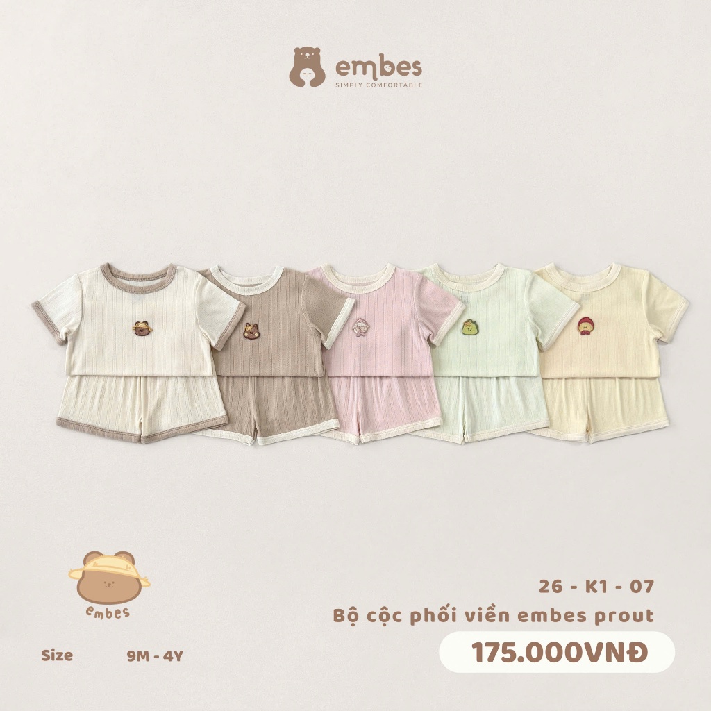 Bộ Cộc Cho Bé Embes, Bộ Cộc Tay Ngực Thêu Hình Chất Thông Hơi Mềm Mát Cho Bé Trai Bé Gái Từ 8-18Kg