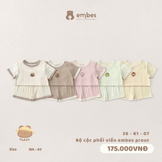Bộ Cộc Cho Bé Embes, Bộ Cộc Tay Ngực Thêu Hình Chất Thông Hơi Mềm Mát Cho Bé Trai Bé Gái Từ 8-18Kg