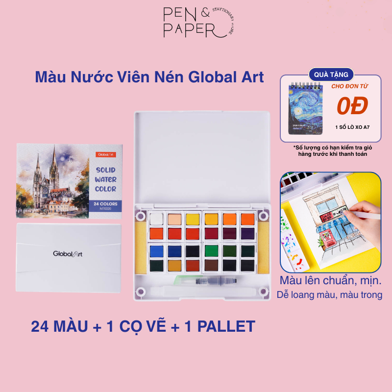 Màu Nước Dạng Nén Cao Cấp GLOBAL ART Màu Nước 24 Màu, Loang Màu Tốt, Kèm Bút Vẽ, Chuyên Nghiệp