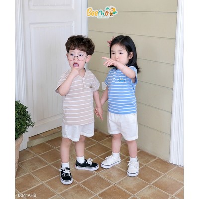 Áo thun kẻ cộc Beemo phối cổ in hình ô tô Beemo vải thun co giãn cho bé đi học, đi chơi 6041AHB