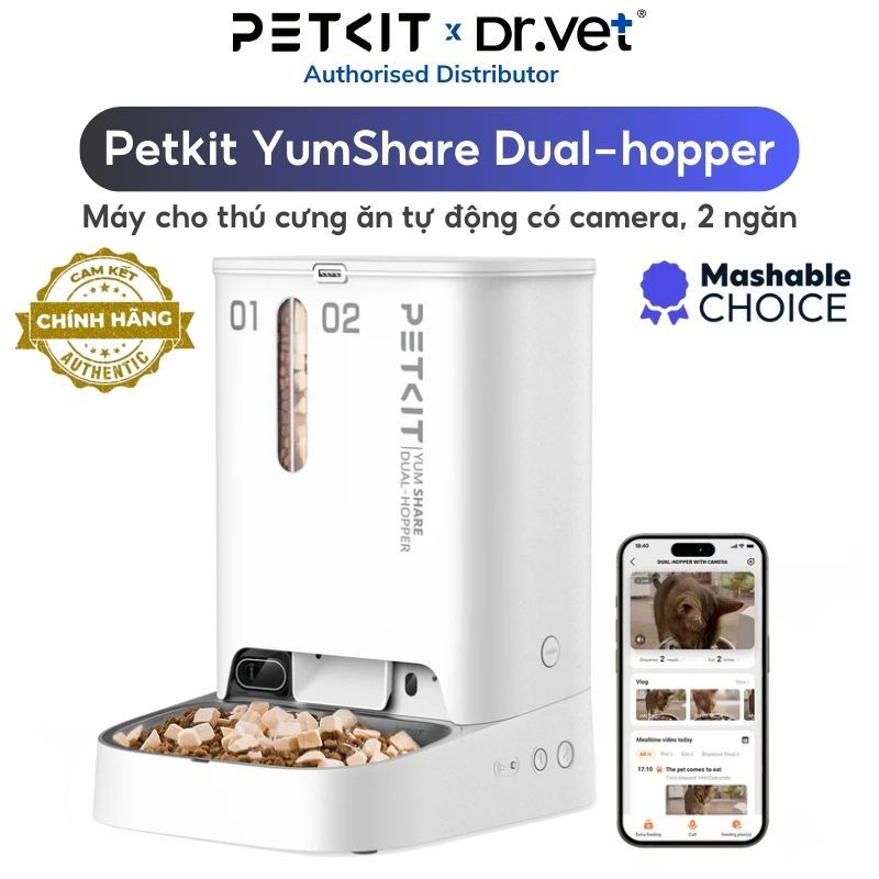 [Bản mới 2026] Máy ăn tự động cho chó mèo PETKIT Yumshare Dual-Hopper có app, camera, 2 ngăn 5 lít