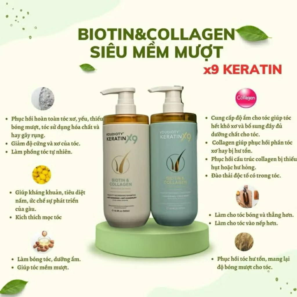 Dầu Gội Xả Voudioty Keratin x9 500ml Biotin Collagen Chống Rụng Tóc Phục Hồi Tóc Hư Tổn