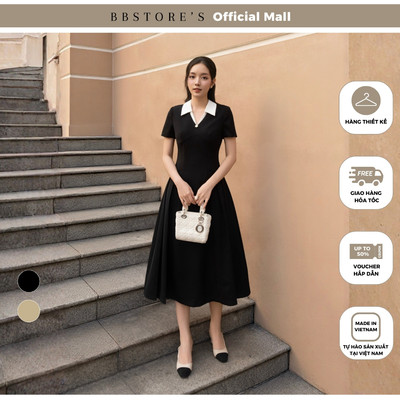 BBSTORE'S Đầm Xòe Công Sở Cotton Tuyết Dài Cổ V Phối Trắng Tay Ngắn Dáng Midi - DAB21A
