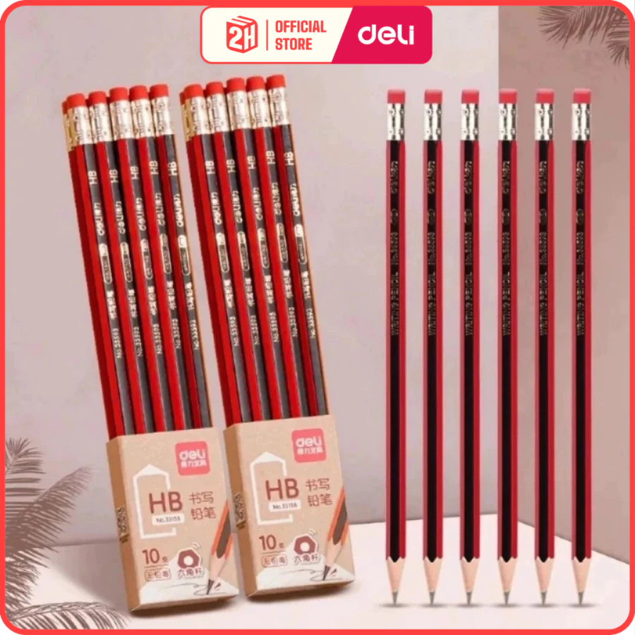 Vỉ 10 bút chì lục giác Deli 2B/HB kèm đầu tẩy, Bút chì gỗ, Bút chì 2B Bút chì HB Deli - VPP