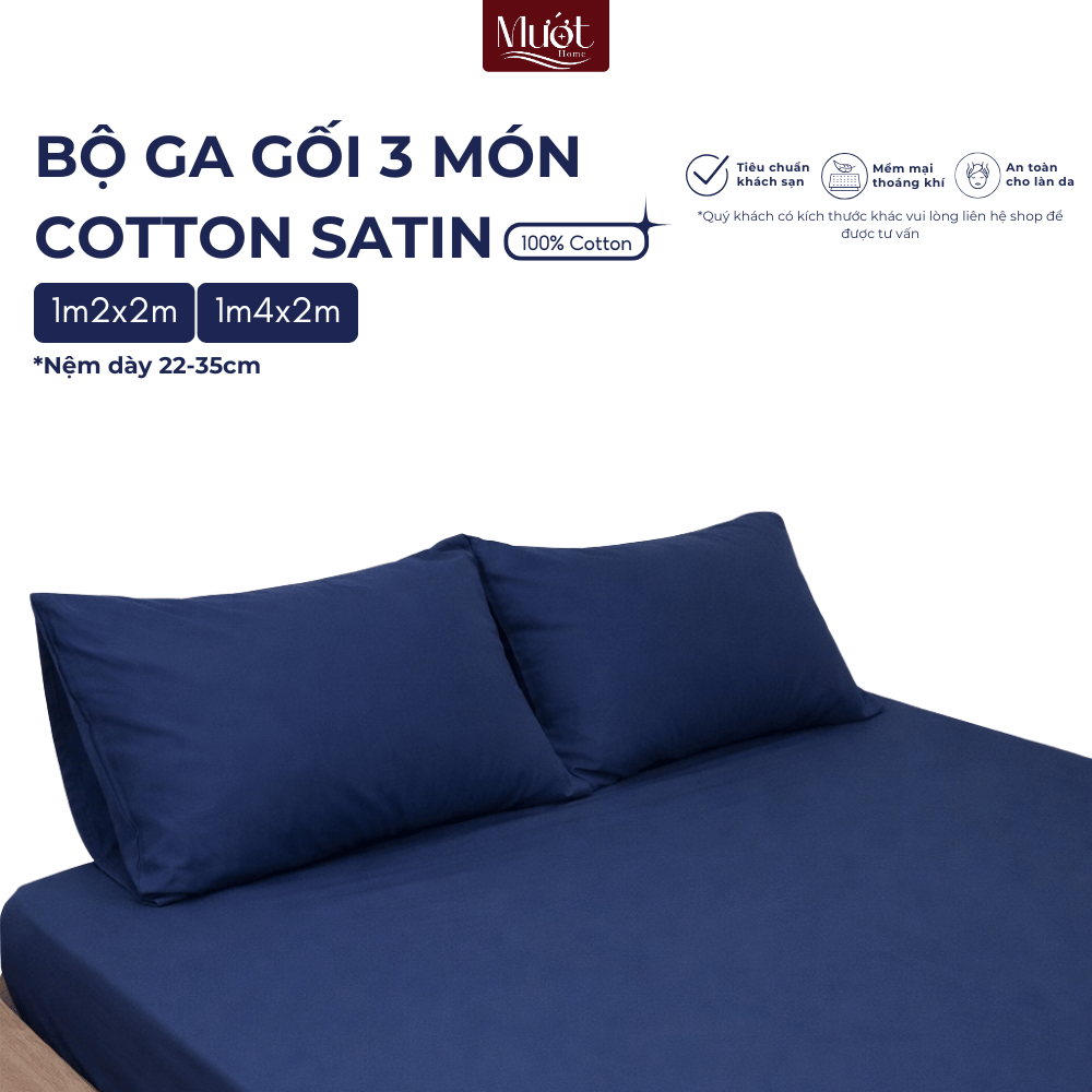Bộ ga gối 3 món nệm kích thước 1m2x2m, 1m4x2m (23-35cm) Cotton Satin Mướt Home cao cấp trơn màu