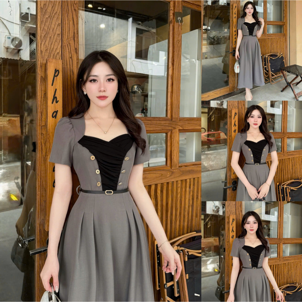 Vk199 - Váy Thiết Kế Evii dành cho nữ, Đầm thiết kế cổ cách điệu (tăng kèm đai) dáng A xòe dài