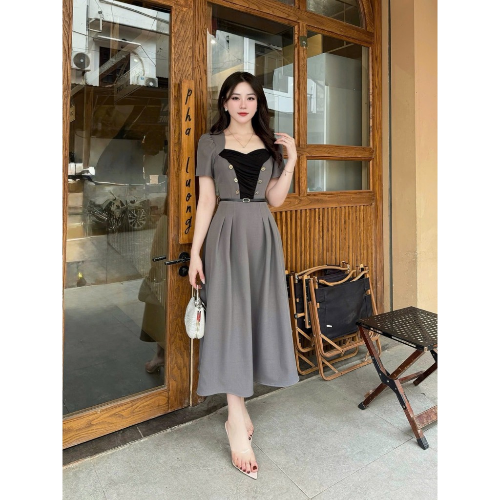 2Vk199 - Váy Thiết Kế Eviici dành cho nữ thiết kế cổ cách điệu (tăng kèm đai) dáng A xòe dài