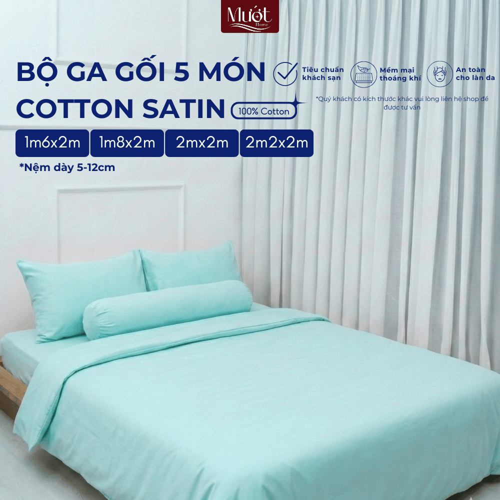Bộ ga gối 5 món nệm kích thước 1m6x2m, 1m8x2m, 2mx2m, 2m2x2m (Dày 5-12cm) Cotton Satin Mướt Home cao