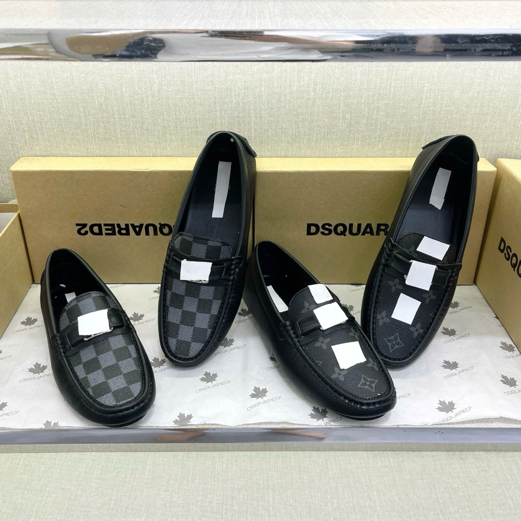 Giày lười moca nam PB da Pu in hoạ tiết vân caro bông hoa phối quai ngang tag logo kim loại cao cấp