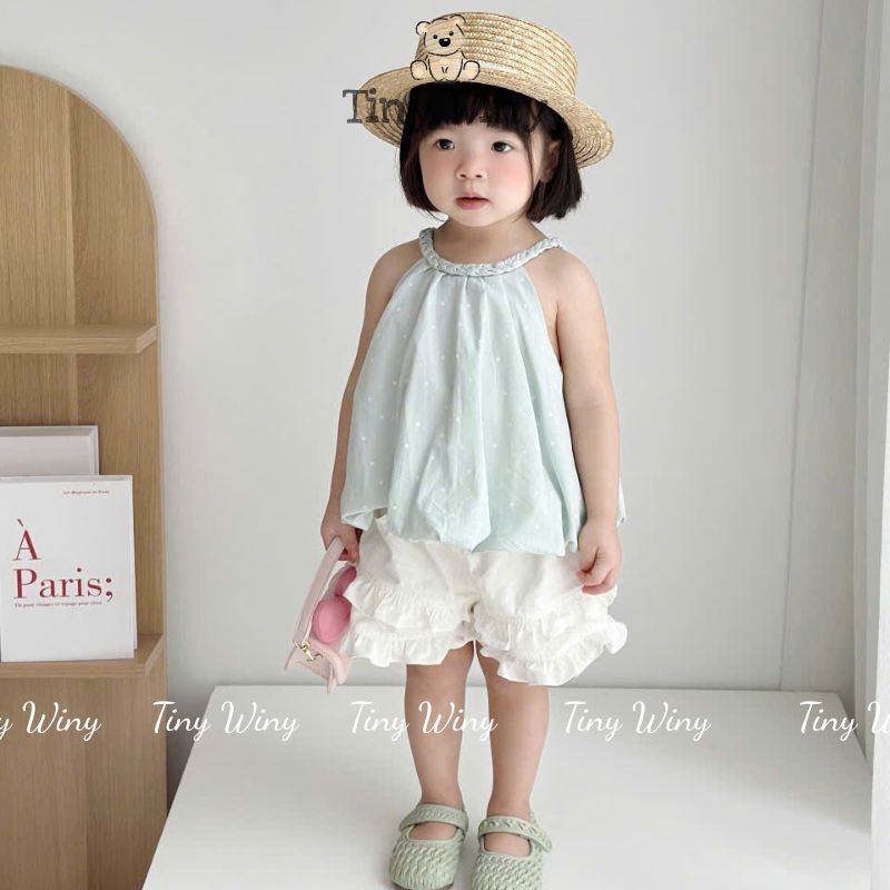 A100 Tiny Winy - Set áo yếm xanh mint chấm bi và quần short bèo cho bé gái
