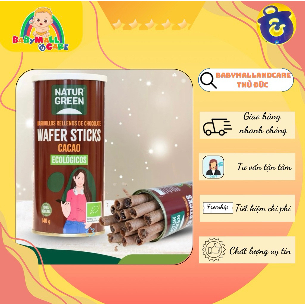 Bánh ống quế hữu cơ cuộn socola NaturGreen Stick 140g