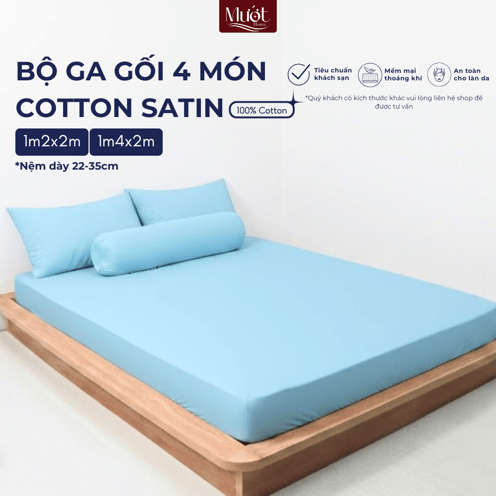 Bộ ga gối 4 món nệm kích thước 1m2x2m, 1m4x2m (Dày 23-35cm) Cotton Satin 60s Mướt Home cao cấp trơn 