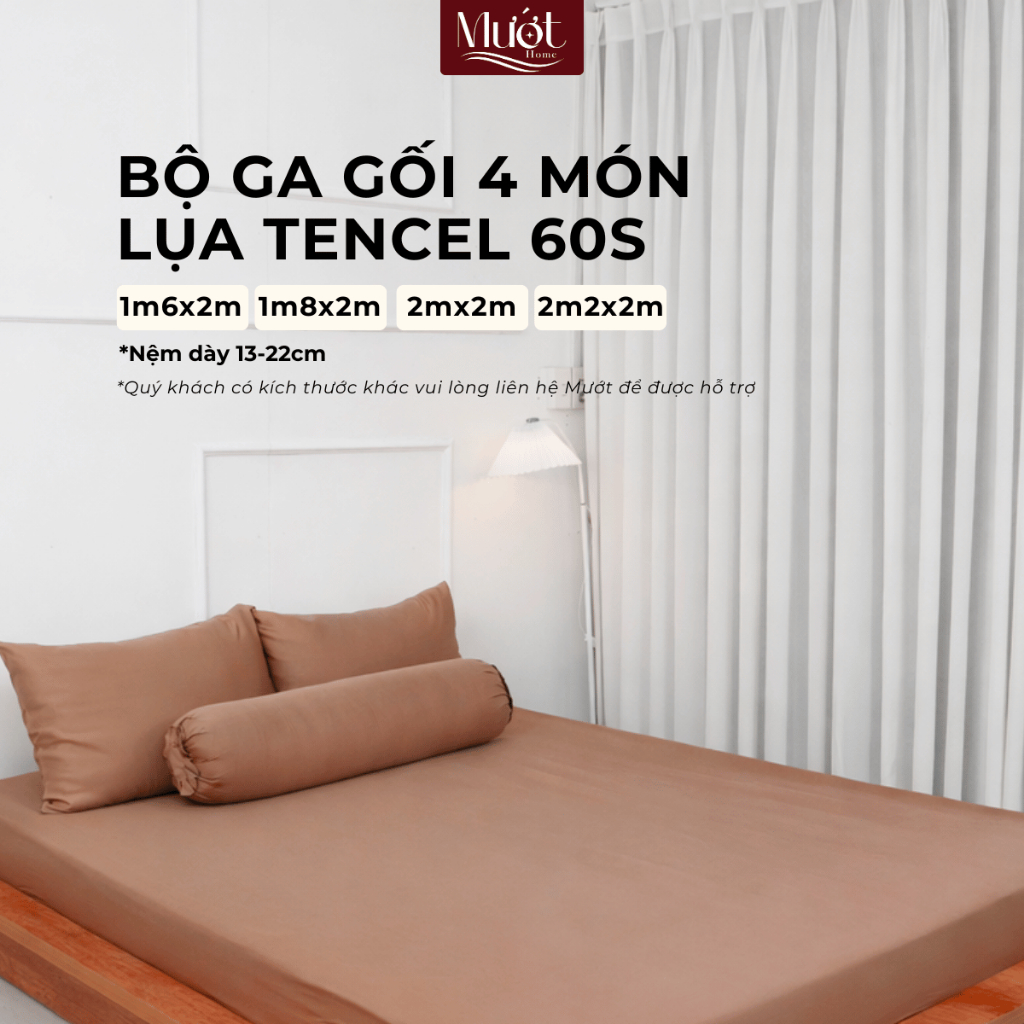 Bộ ga gối 4 món nệm kích thước 1m6x2m, 1m8x2m, 2mx2m, 2m2x2m (Dày 13-22cm) Lụa Tencel 60s Mướt Home