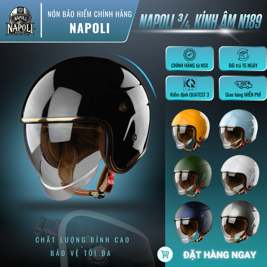 Mũ Bảo Hiểm Napoli 3/4 Kính Âm [CHÍNH HÃNG] [FREESHIP] - Nón Bảo Hiểm Napoli 3/4 N189 Kính Âm