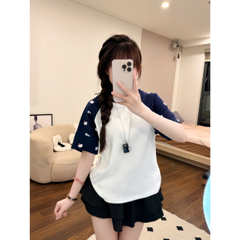 Áo Thun Baby Tee Raglan Phối Màu Tay In Thỏ Mèo Xinh Xắn han2012 - Áo Phông Nữ Form Ôm Hack Dáng Y2K