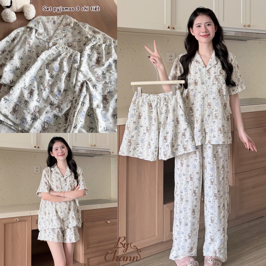 Set Pyjamas 3 chi tiết BY CHANN (BN03) gồm áo cộc quần dài và quần ngắn, chất liệu đũi mềm có bigsiz