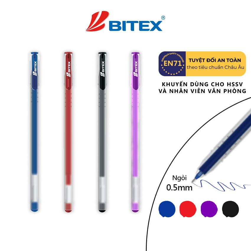 Combo 5/10/20 Bút gel BITEX G04 (Xanh, đen, đỏ, tím), EN71-3 - Nét 0.5mm