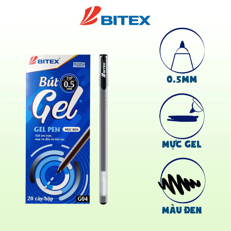 Combo 20 Bút Gel Bitex ngòi 0.5mm G04 (Mực Xanh, đen, đỏ, tím)-Tiêu chuẩn Châu Âu
