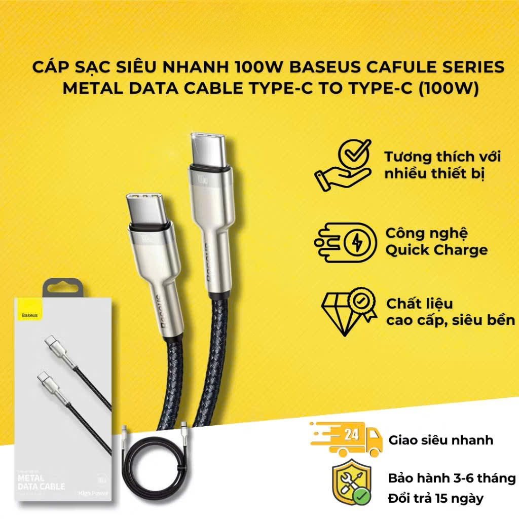 Dây sạc 2 đầu Type C 100W Baseus Cafule Series Metal hỗ trợ truyền dữ liệu Type-C to Type-C (100W)