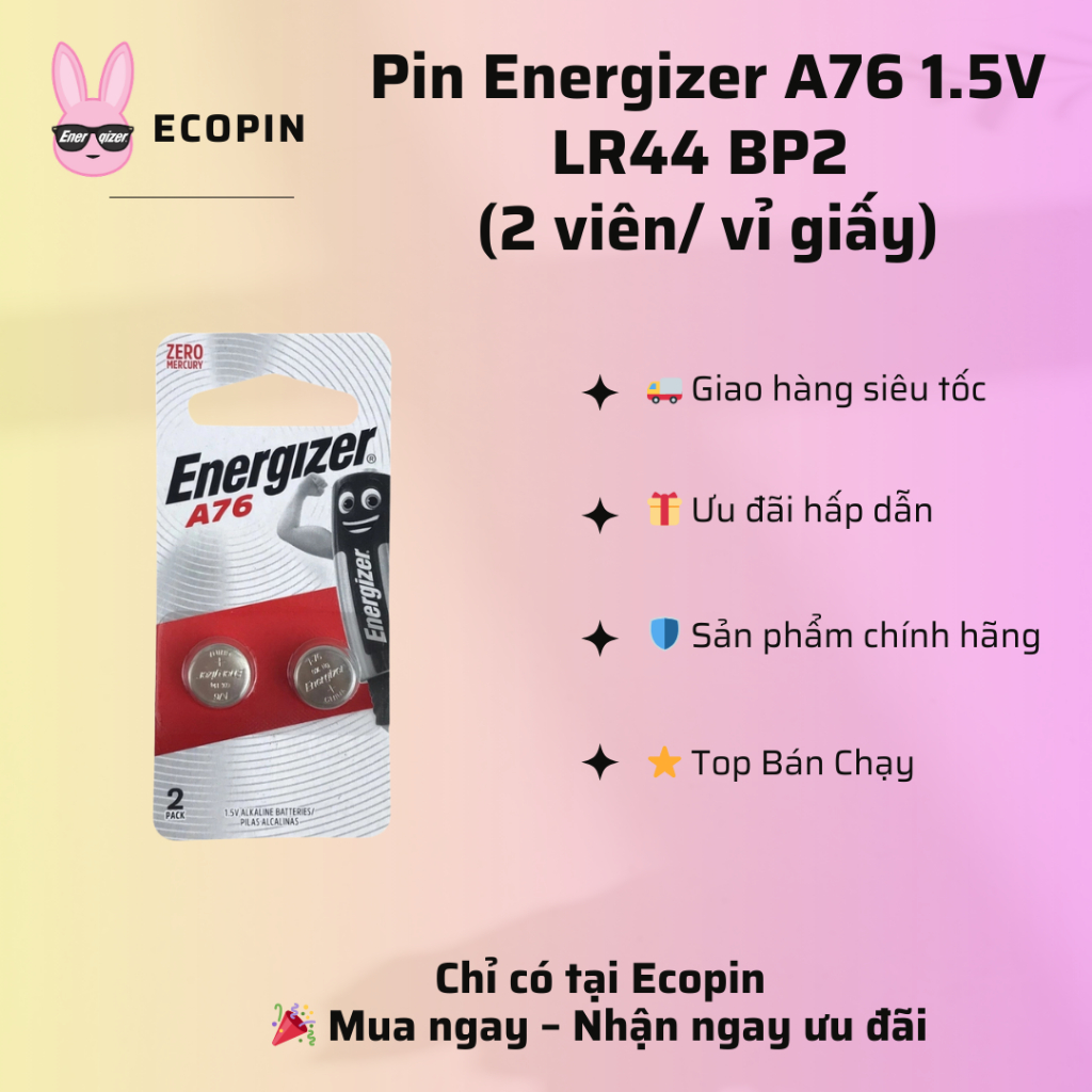 Pin Energizer A76 1.5V LR44 BP2 (2 viên/ vỉ giấy)