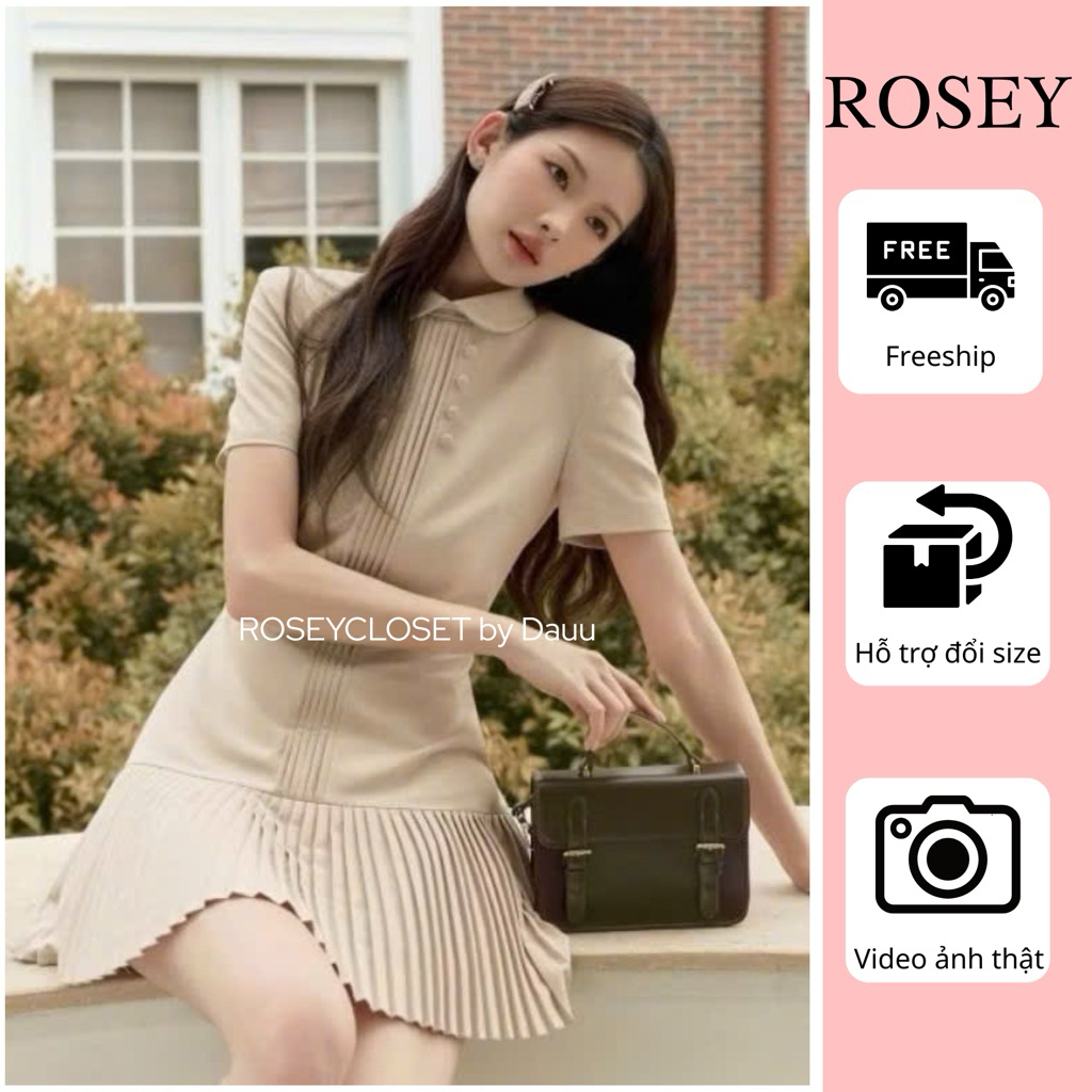 Váy tiểu thư thanh lịch có cúc trang trí, cổ sen, váy xếp ly_Roesy.Closet