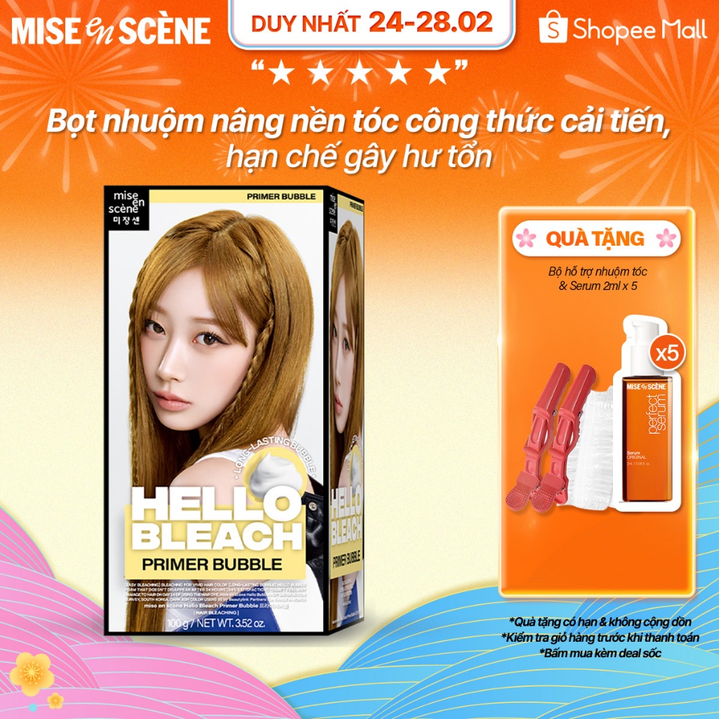 Nâng nền tóc mise en scène Hello Bleach Primer Bubble nâng tông tóc nhuộm đều màu, an toàn giảm hư tổn