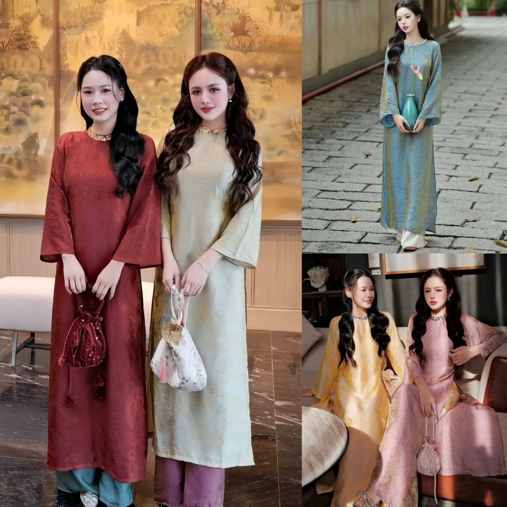 Bigsize Áo dài Tết gấm viền cổ kim sa có kèm quần dài 55-120kg AD40