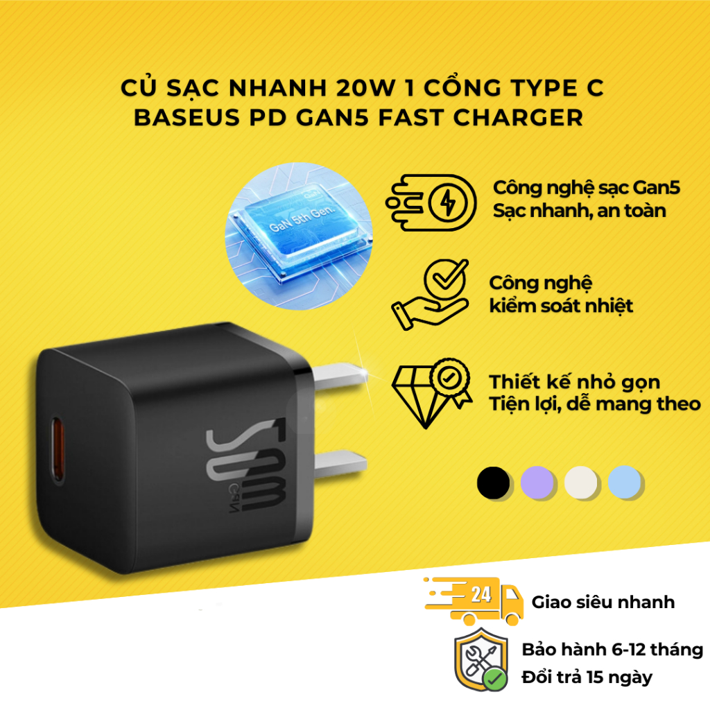 Bộ sạc nhanh Baseus PF 20W Gan5 hỗ trợ cổng sạc chân C mới nhất