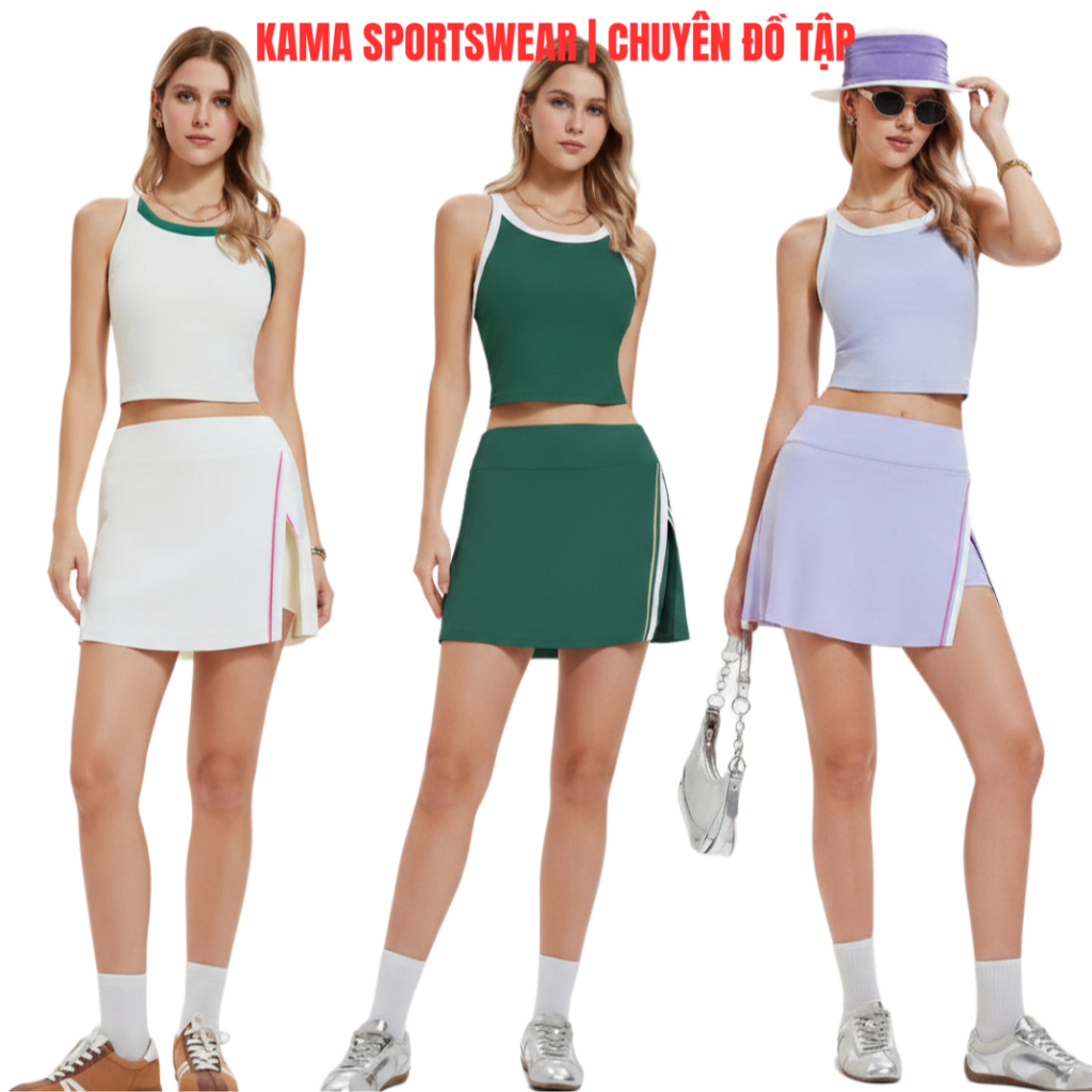 Bộ thể thao nữ Kama sport BP193, áo bra mix chân váy chân váy vạt chéo chuyên tập pickleball, tennis