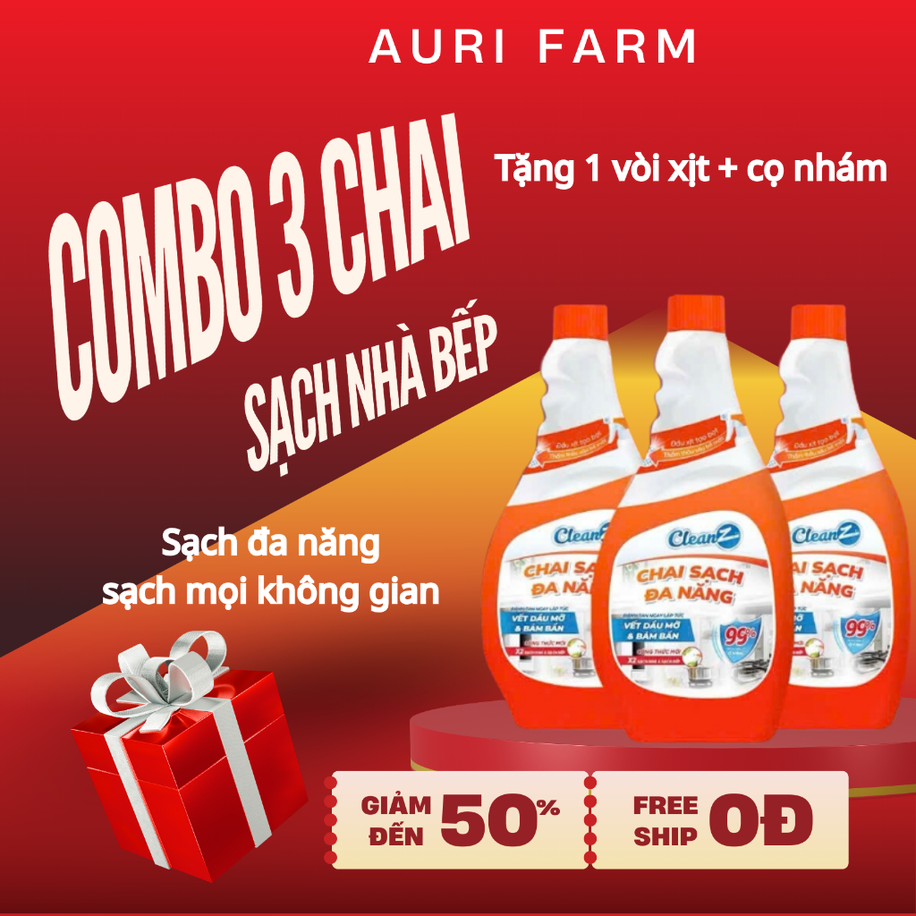 Combo 3 Chai Sạch Nhà Bếp Cleanz Làm Sạch Dầu Mỡ, Vết Ố Vàng, Thơm Mùi Chanh Dịu Nhẹ Dung Tích 450ml