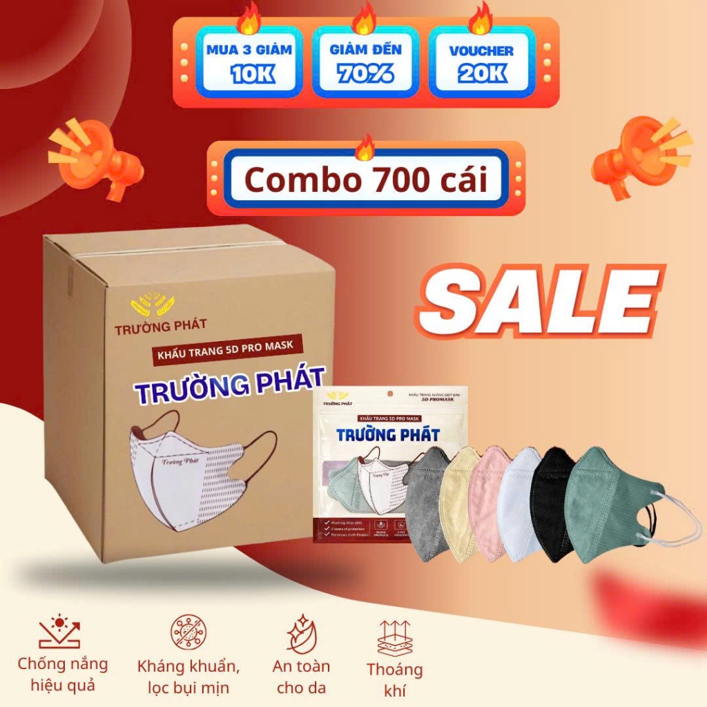 Combo 700 cái khẩu trang 5D TRƯỜNG PHÁT chính hãng, kháng khuẩn, lọc bụi mịn, chống tia UV
