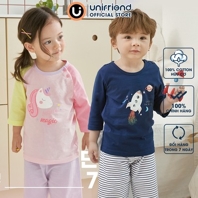 Bộ quần áo thun lửng tay vải cotton hữu cơ thoáng mát cho bé trai và bé gái mặc nhà mùa hè Unifriend Hàn Quốc U2022-5