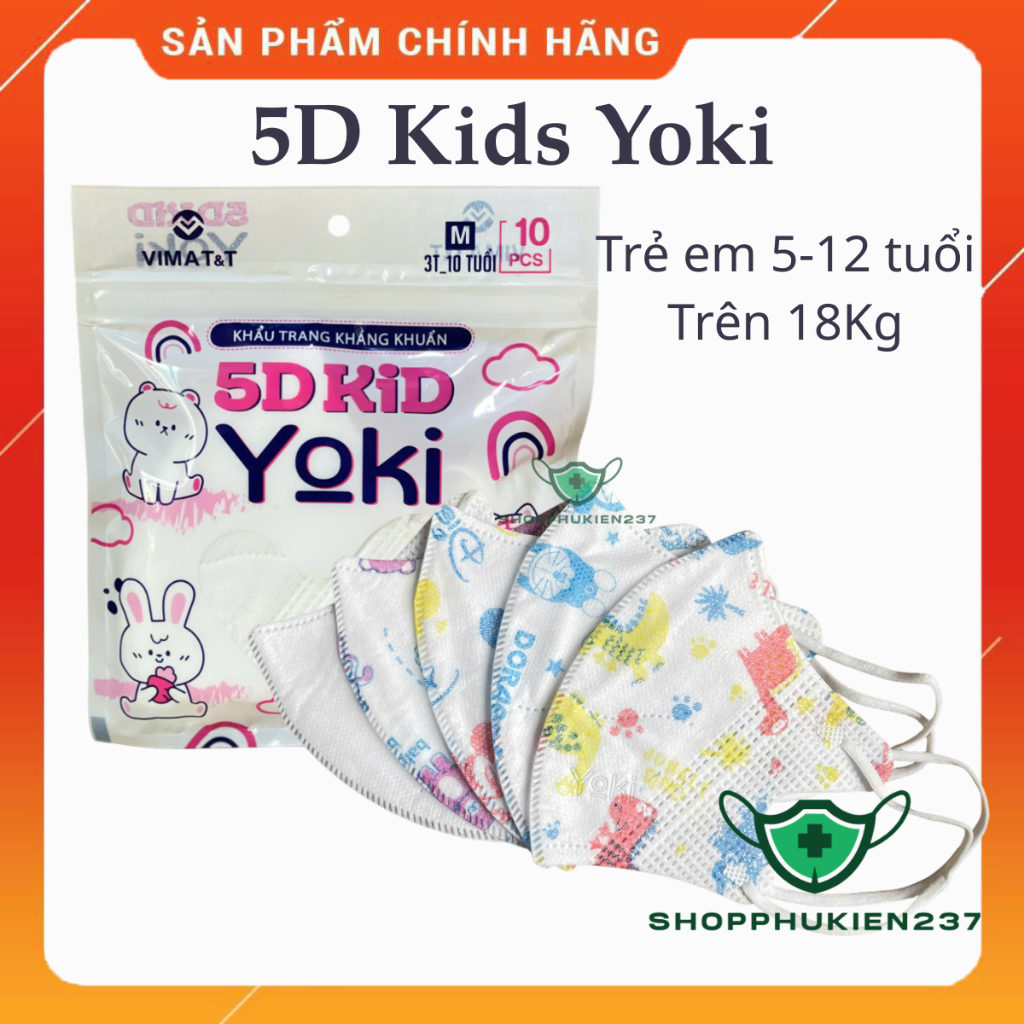 [Set 100 cái] Khẩu trang Trẻ Em 5D Yoki Kids Cho Bé 4-7 Tuổi Trên 15Kg