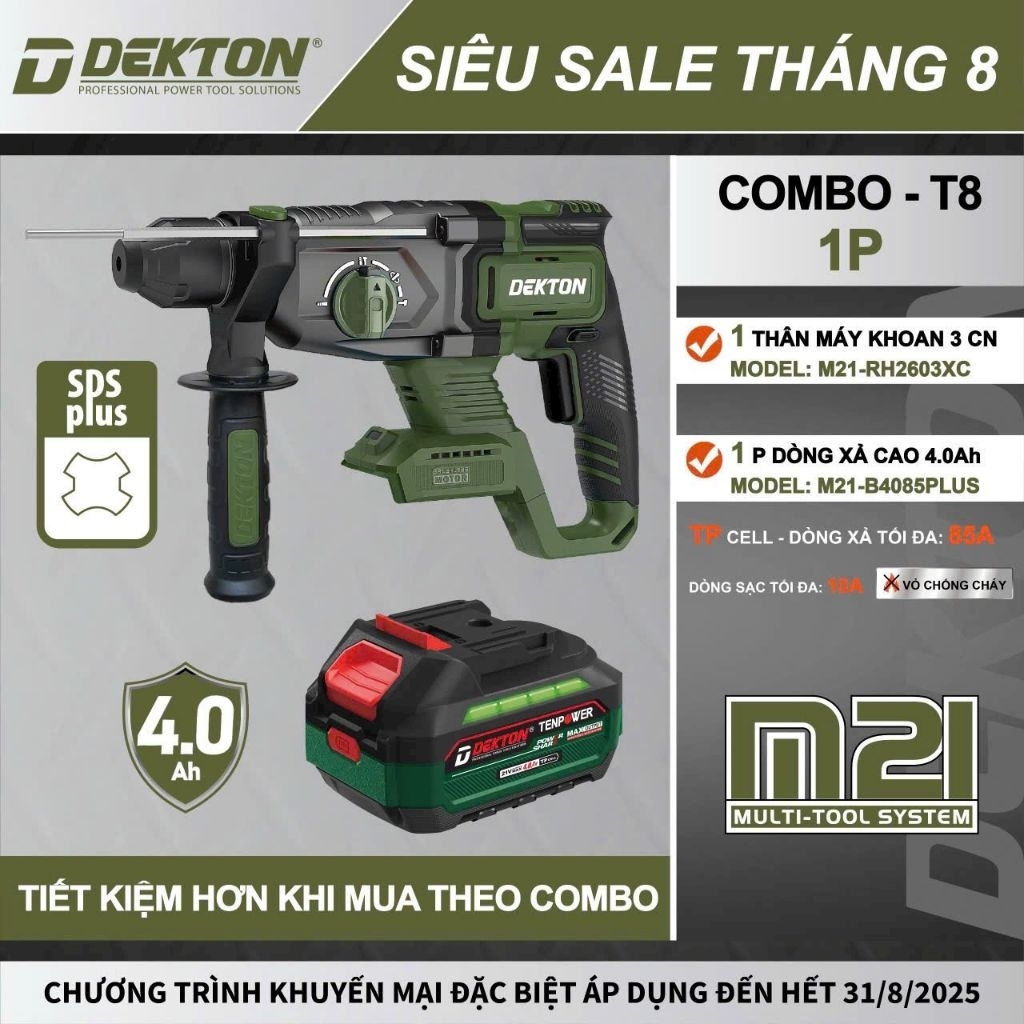 DEKTON Thân máy khoan bê tông pin 21V (3.2J) M21-RH2603XC (xanh oliu -máy xám)