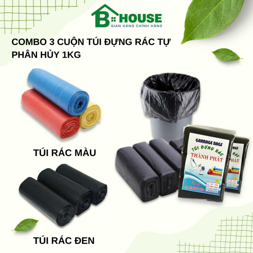 Túi Rác Tự Phân Hủy 1kg Combo 3 cuộn - Túi Dày Dai,Thân Thiên Môi Trường,Dễ Buộc Miệng