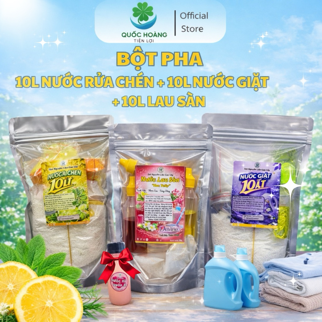 [ COMBO 30Lít ] 10 Lít nước Giặt + 10 Lít Nước Rửa chén + 10 Lít Nước Lau sàn tự pha tại nhà An toàn