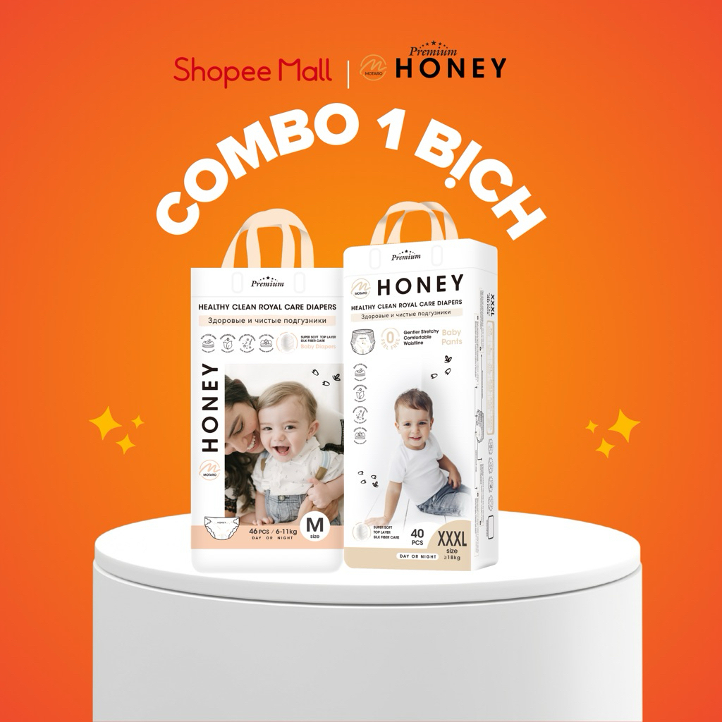 [KHÔNG QUÀ] Bỉm/tã HONEY dán/quần NB66/S52/M46/M52/L48/XL44/XXL42/XXXL40/XXXXL38-MOMO DIAMOND