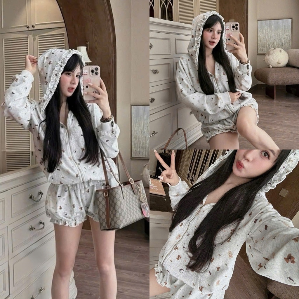 (Hàng Shop):Set Bộ Gấu Áo Khoác Kéo Khoá Mũ Thụng In Hình Mini Siêu Cute Phối Bèo Mix Quần Đùi -Ảnh 