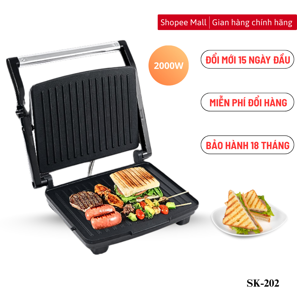 Máy nướng kẹp bánh mì KJ202 công suất cực lớn 2000W, kẹp, nướng bbq tiện dụng đơn giản